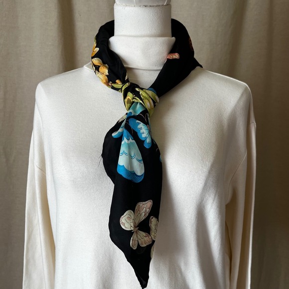 Talbots Silk Butterfly Print Scarf Black Multicolor Rolled Edge Vintage Wrap - Picture 5 of 5